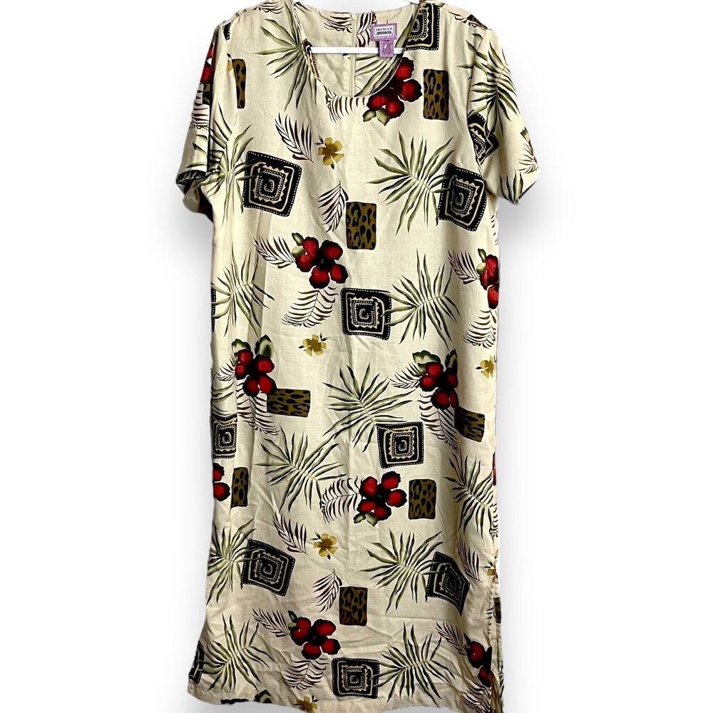 Premier International Maxi Dress Women's 22W Beige Boho Floral Canvas VTG Animal